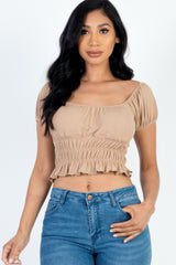 Casual Ruched Puff Sleeve Ribbed Knit Solid Top | Mixtshop LLC