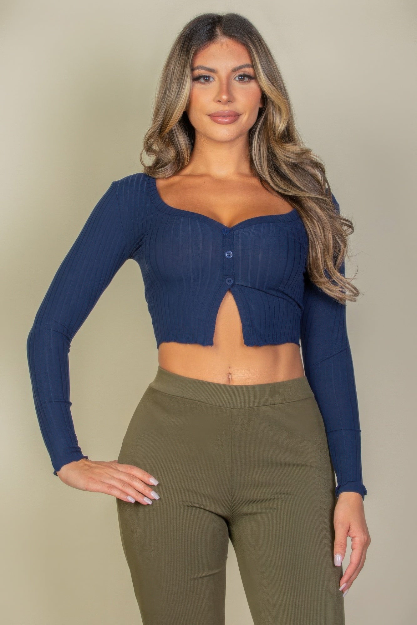 Ribbed Button Front Split Long Sleeve Top | Mixtshop LLC
