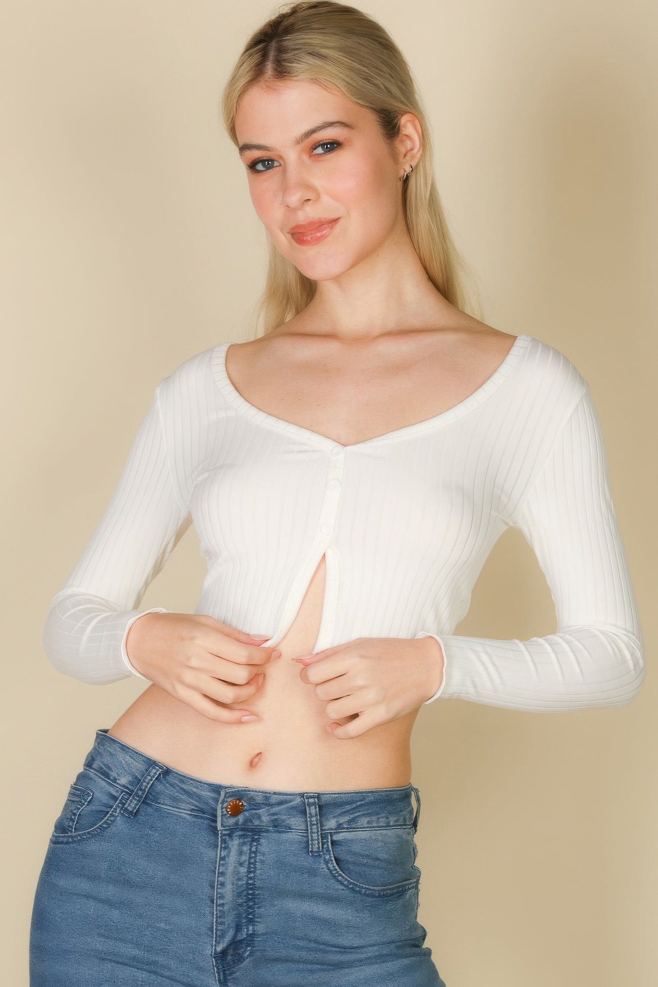 Ribbed Button Front Split Long Sleeve Top | Mixtshop LLC