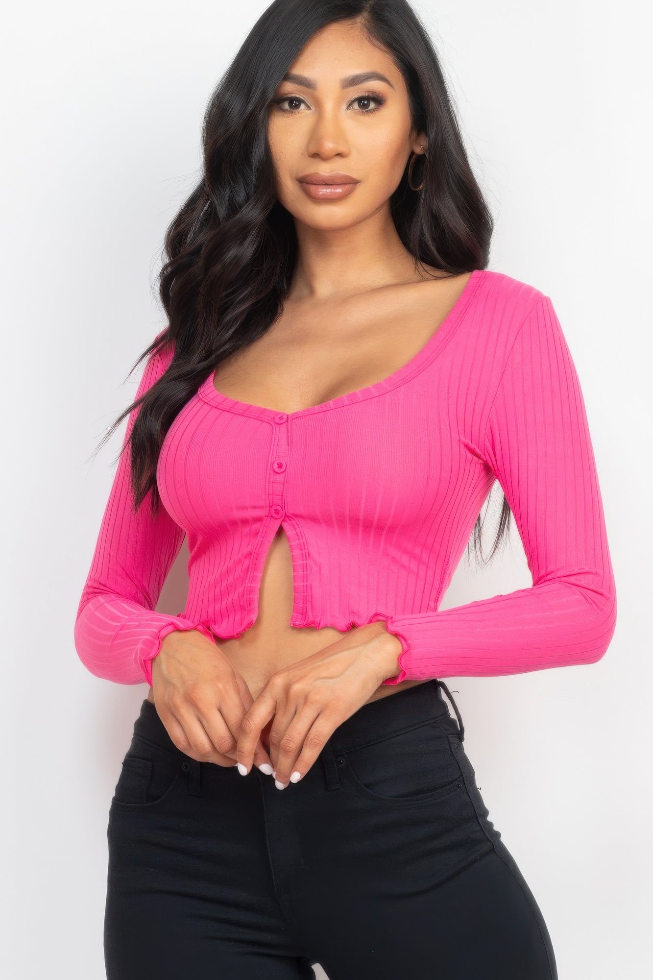 Ribbed Button Front Split Long Sleeve Top | Mixtshop LLC