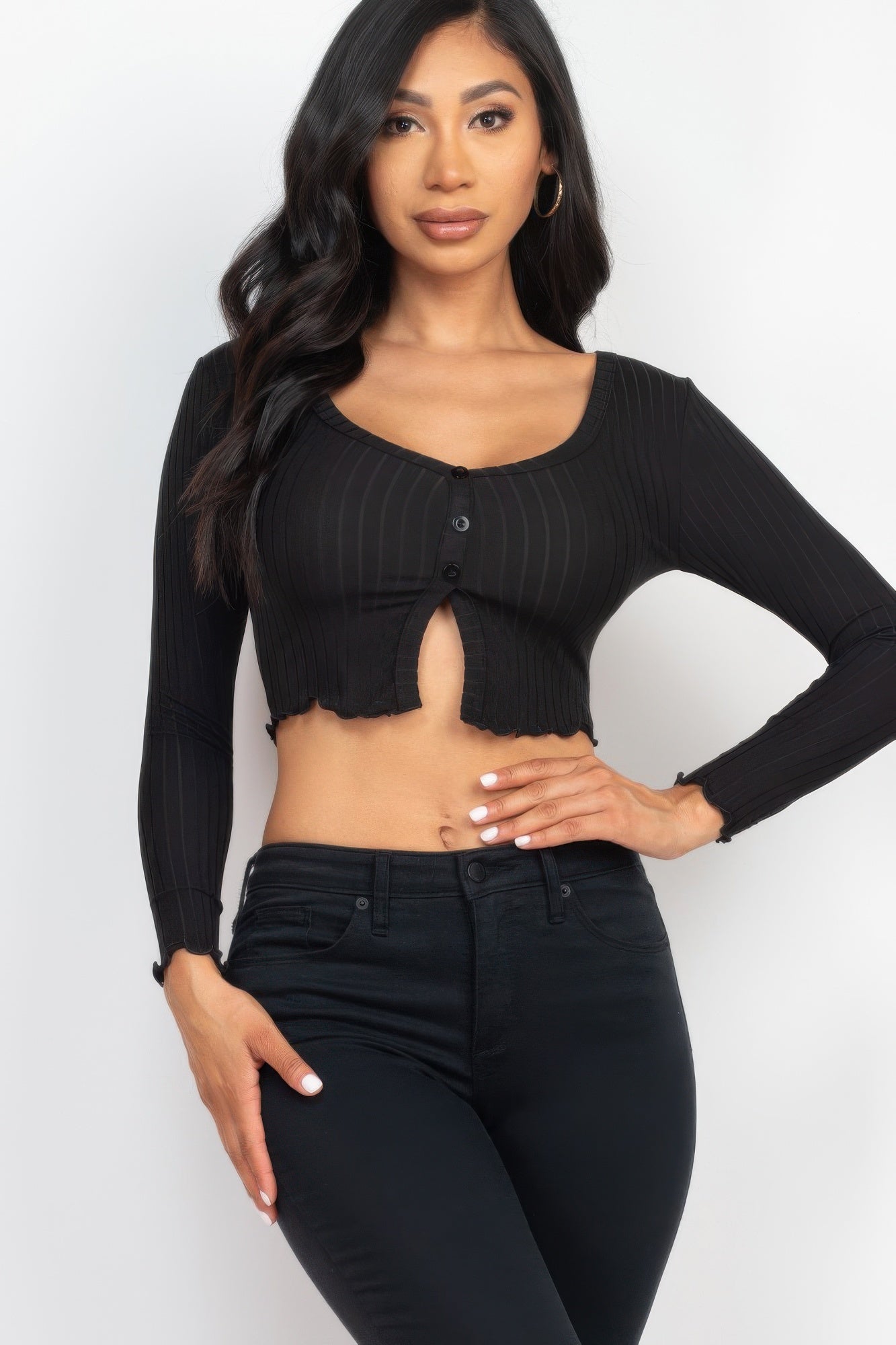 Ribbed Button Front Split Long Sleeve Top | Mixtshop LLC