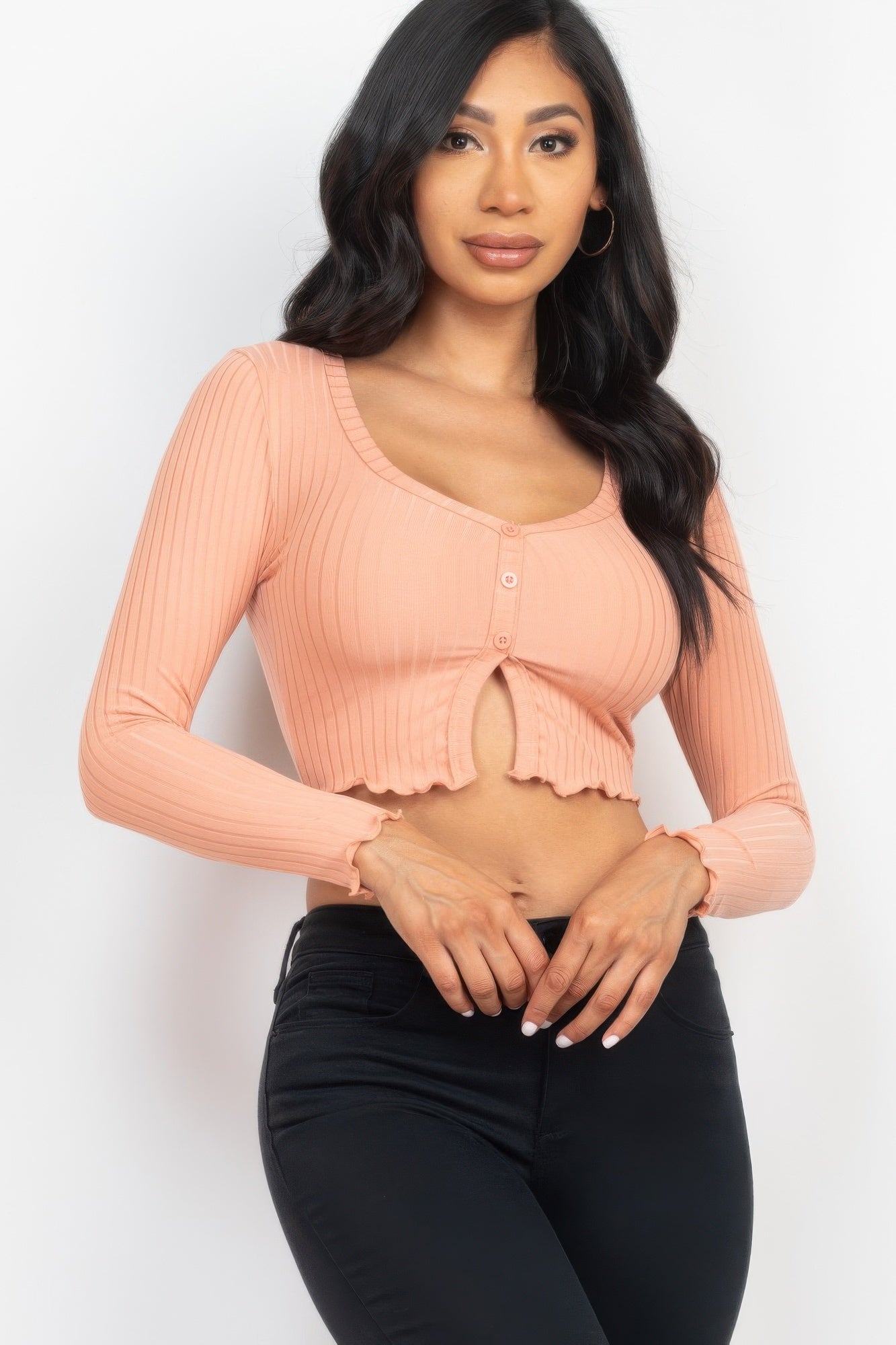 Ribbed Button Front Split Long Sleeve Top | Mixtshop LLC