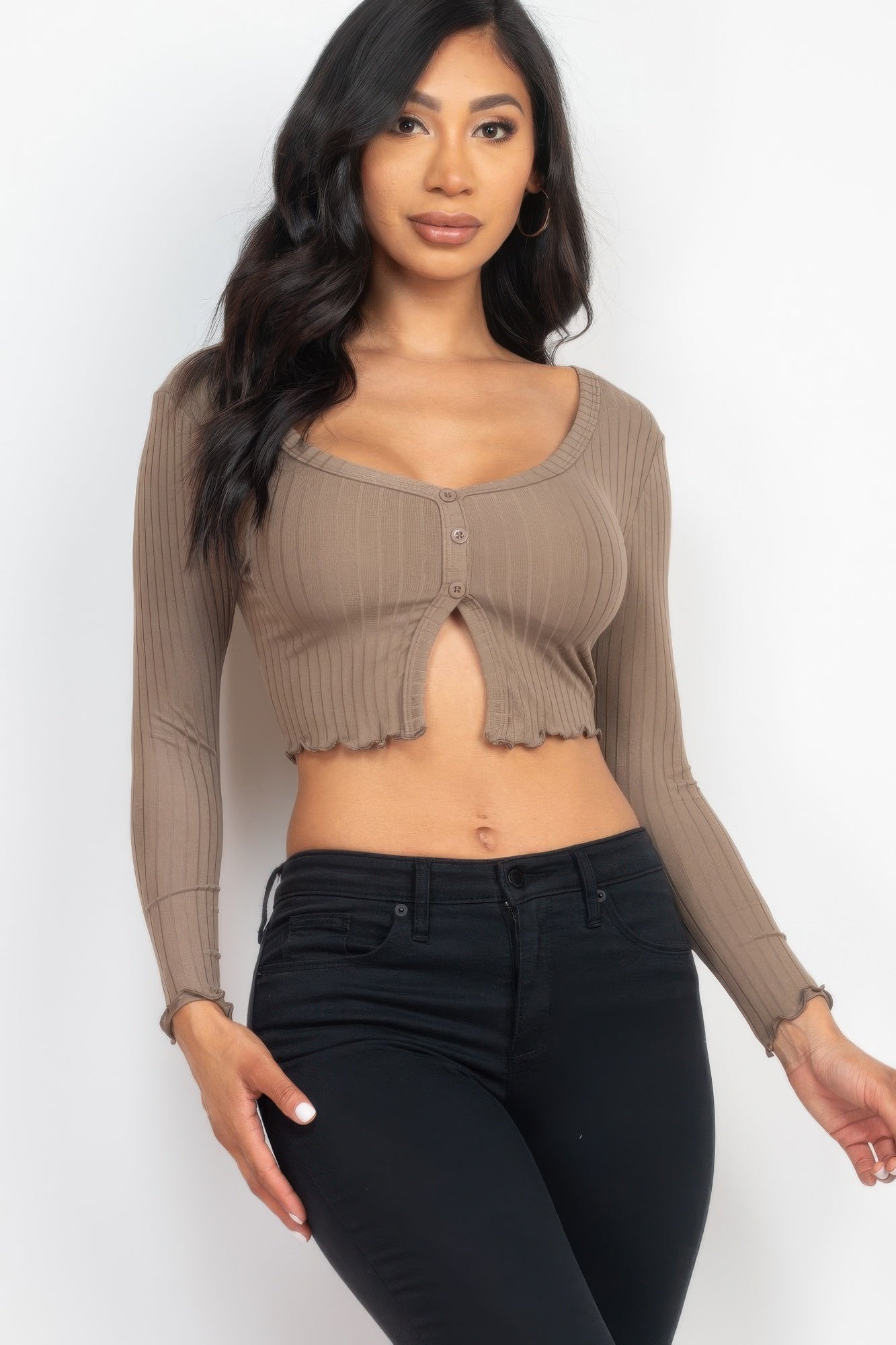 Ribbed Button Front Split Long Sleeve Top | Mixtshop LLC