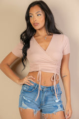 Ribbed Ruched Drawstring Surplice Top | Mixtshop LLC