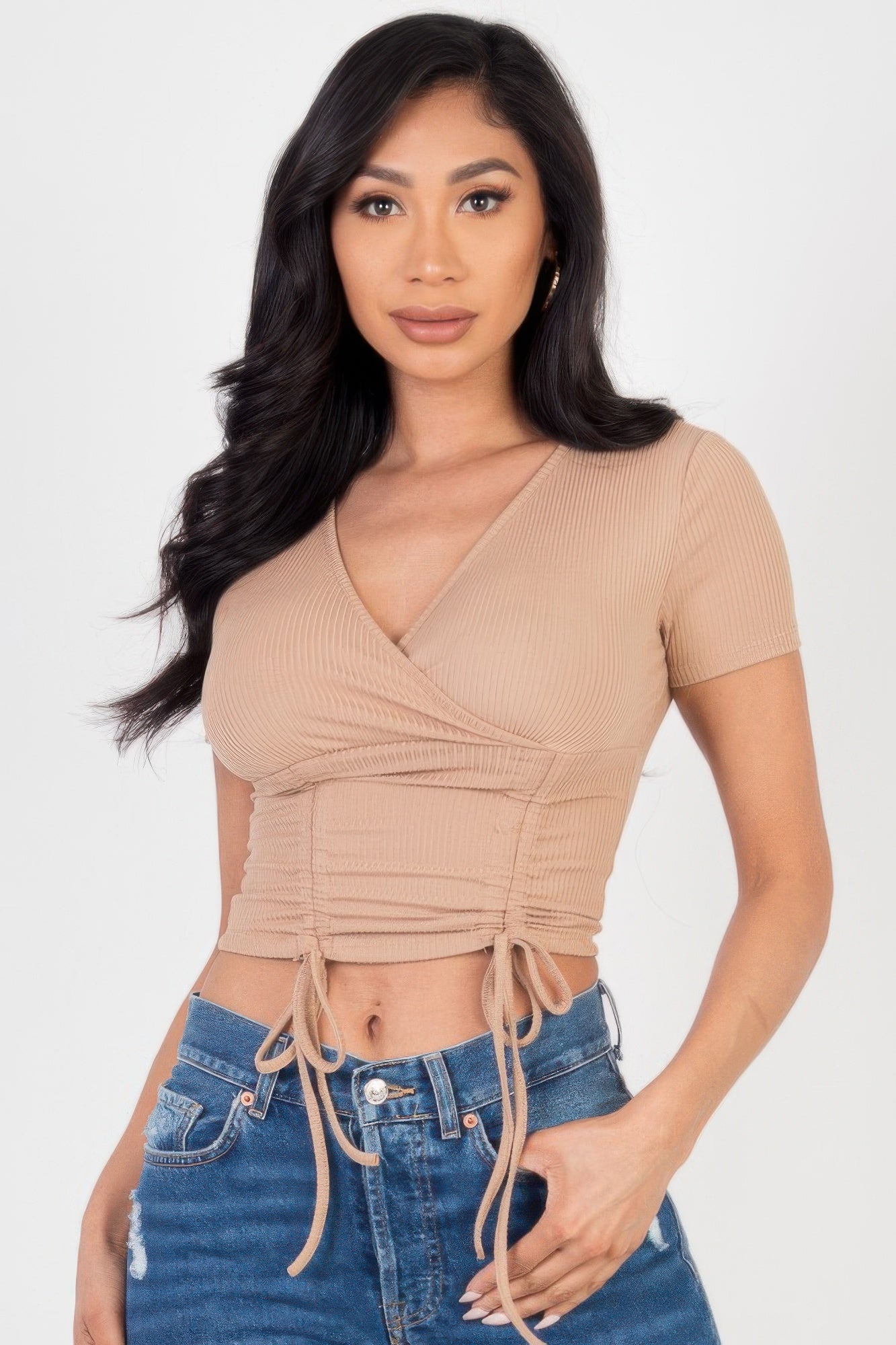 Ribbed Ruched Drawstring Surplice Top | Mixtshop LLC