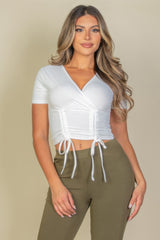 Ribbed Ruched Drawstring Surplice Top | Mixtshop LLC