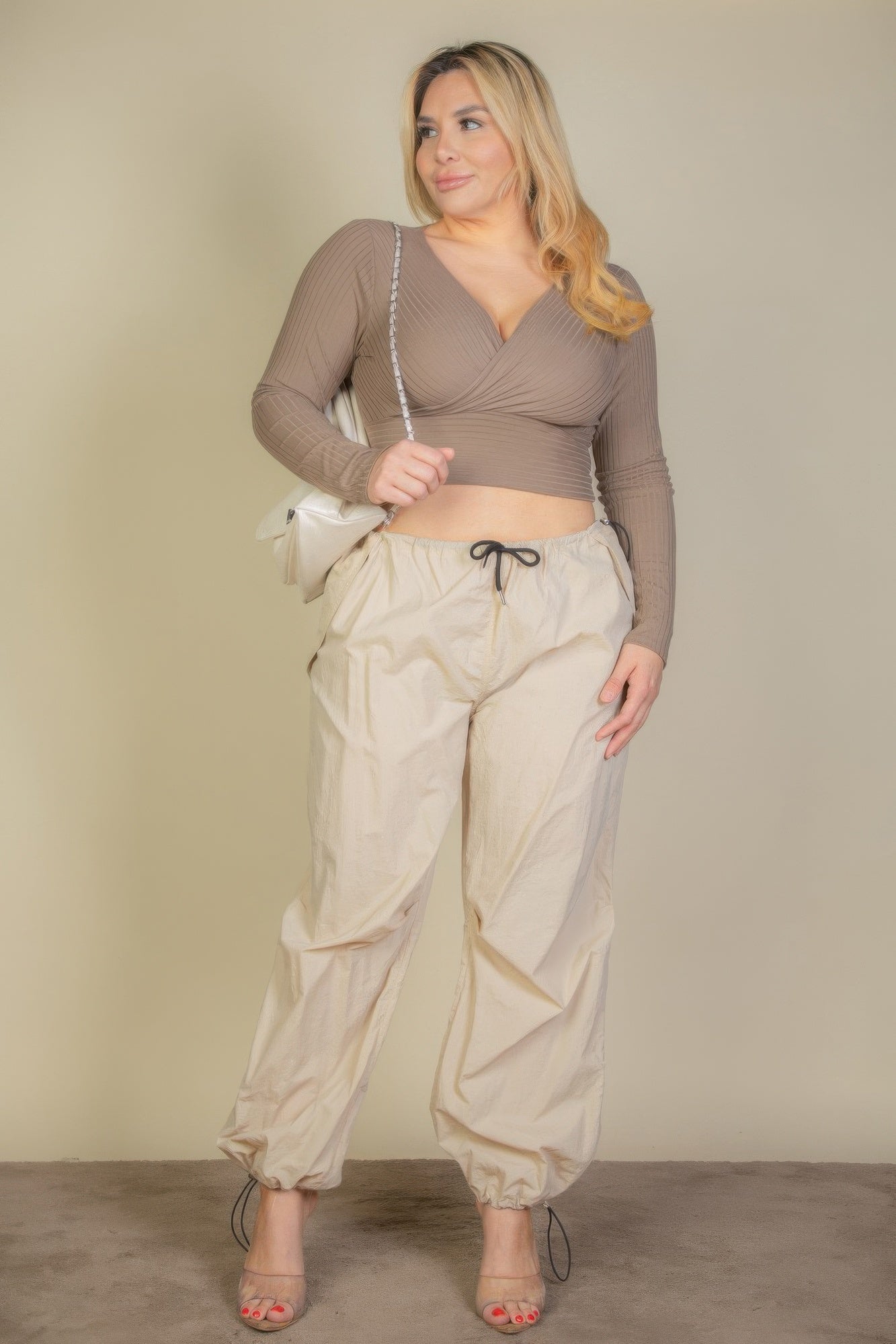 Plus Size Ribbed Wrap Front Long Sleeve Top | Mixtshop LLC