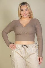 Plus Size Ribbed Wrap Front Long Sleeve Top | Mixtshop LLC