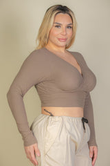 Plus Size Ribbed Wrap Front Long Sleeve Top | Mixtshop LLC