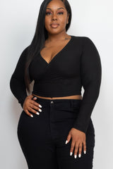 Plus Size Ribbed Wrap Front Long Sleeve Top | Mixtshop LLC