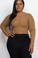 Plus Size Ribbed Wrap Front Long Sleeve Top | Mixtshop LLC