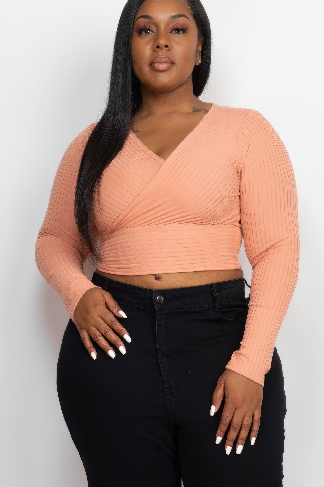 Plus Size Ribbed Wrap Front Long Sleeve Top | Mixtshop LLC