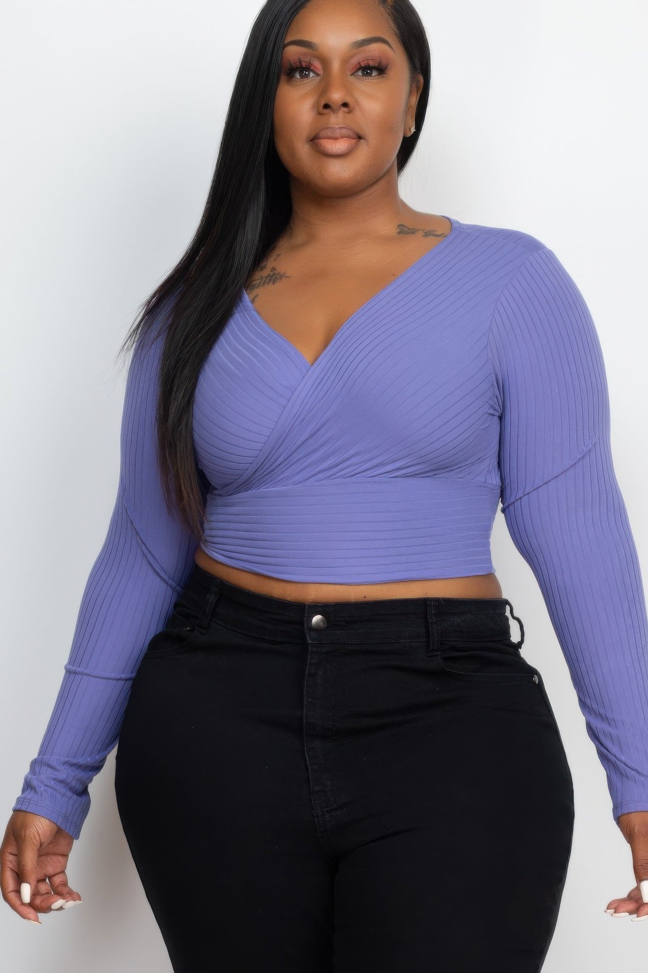 Plus Size Ribbed Wrap Front Long Sleeve Top | Mixtshop LLC