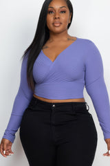 Plus Size Ribbed Wrap Front Long Sleeve Top | Mixtshop LLC