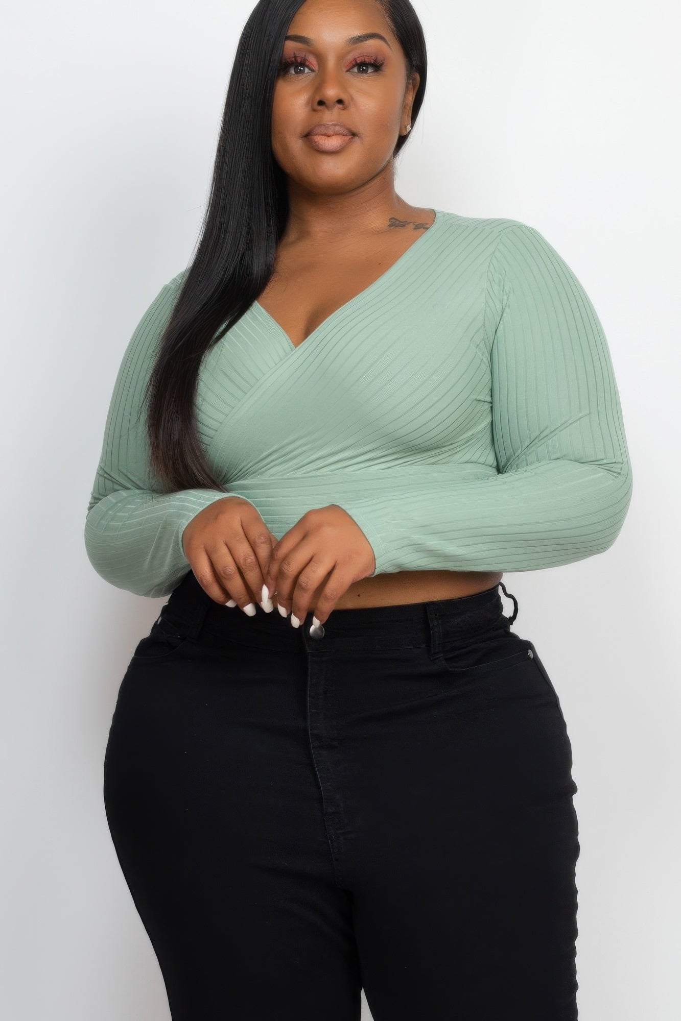 Plus Size Ribbed Wrap Front Long Sleeve Top | Mixtshop LLC
