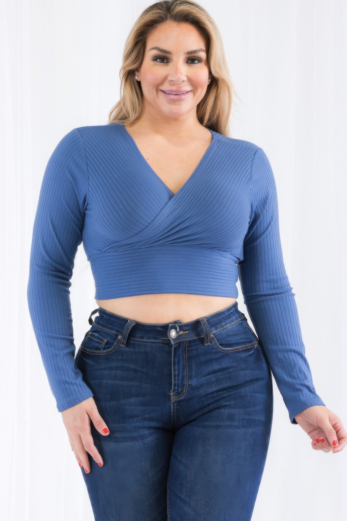 Plus Size Ribbed Wrap Front Long Sleeve Top | Mixtshop LLC