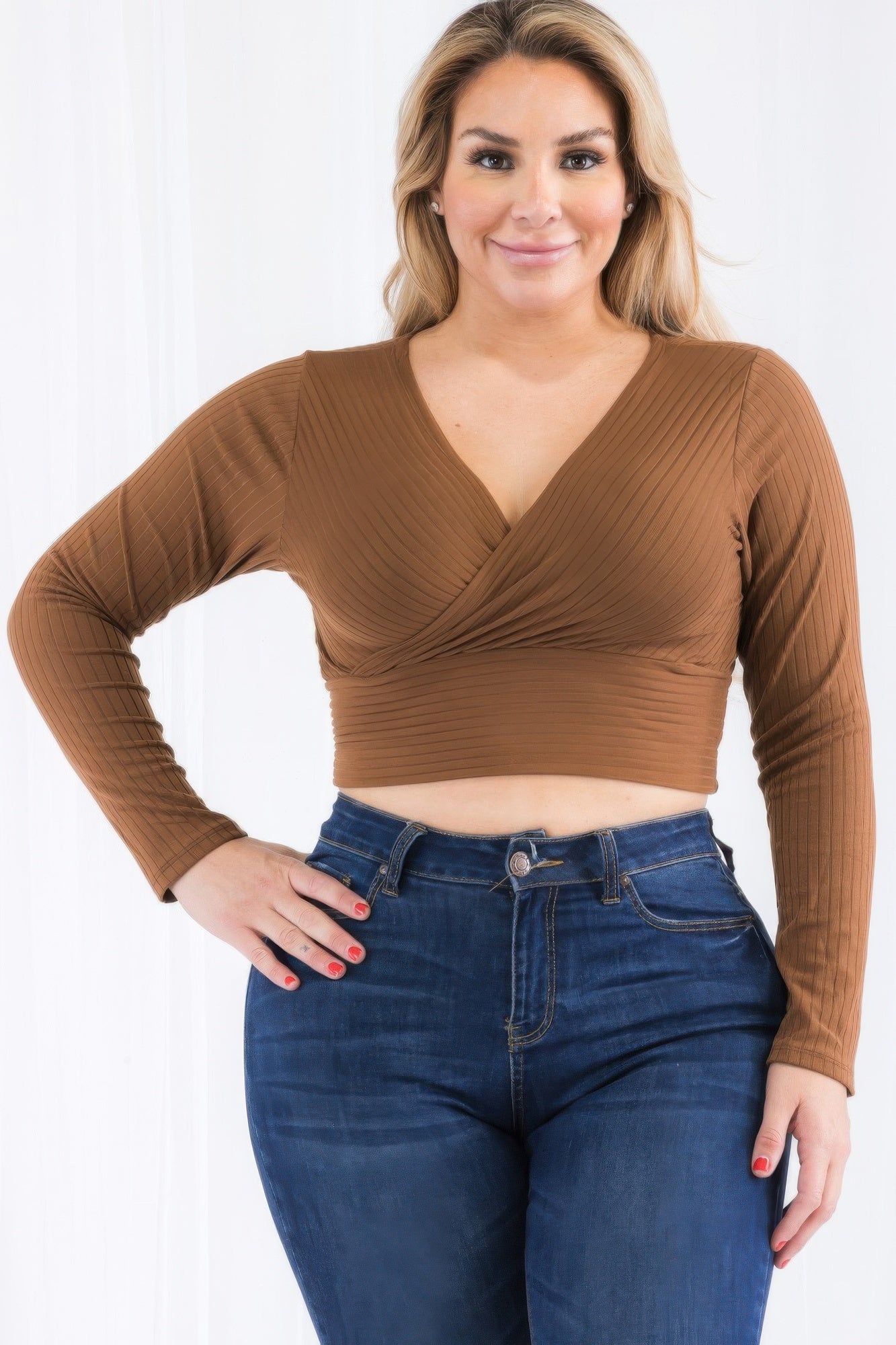 Plus Size Ribbed Wrap Front Long Sleeve Top | Mixtshop LLC