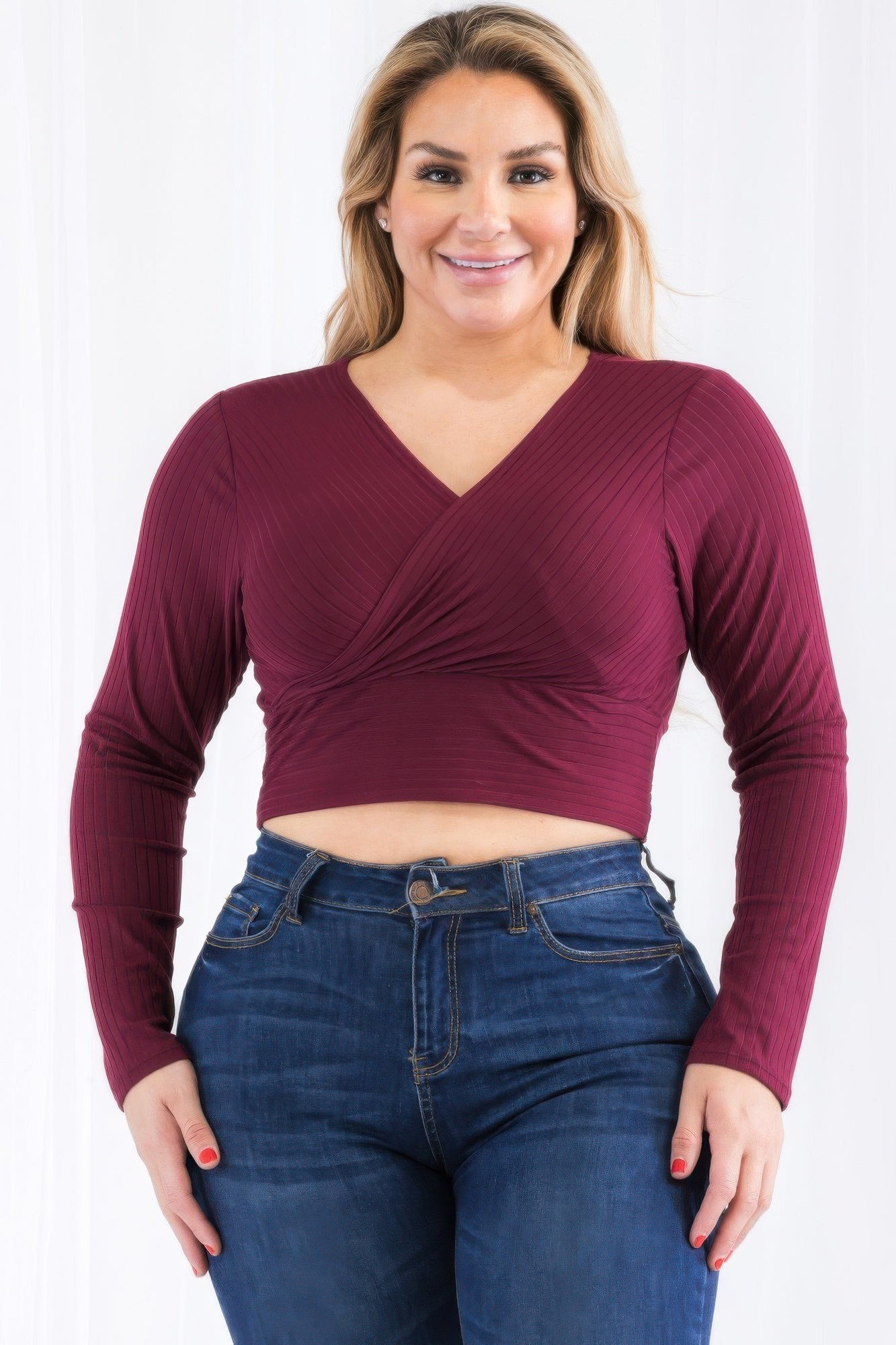 Plus Size Ribbed Wrap Front Long Sleeve Top | Mixtshop LLC