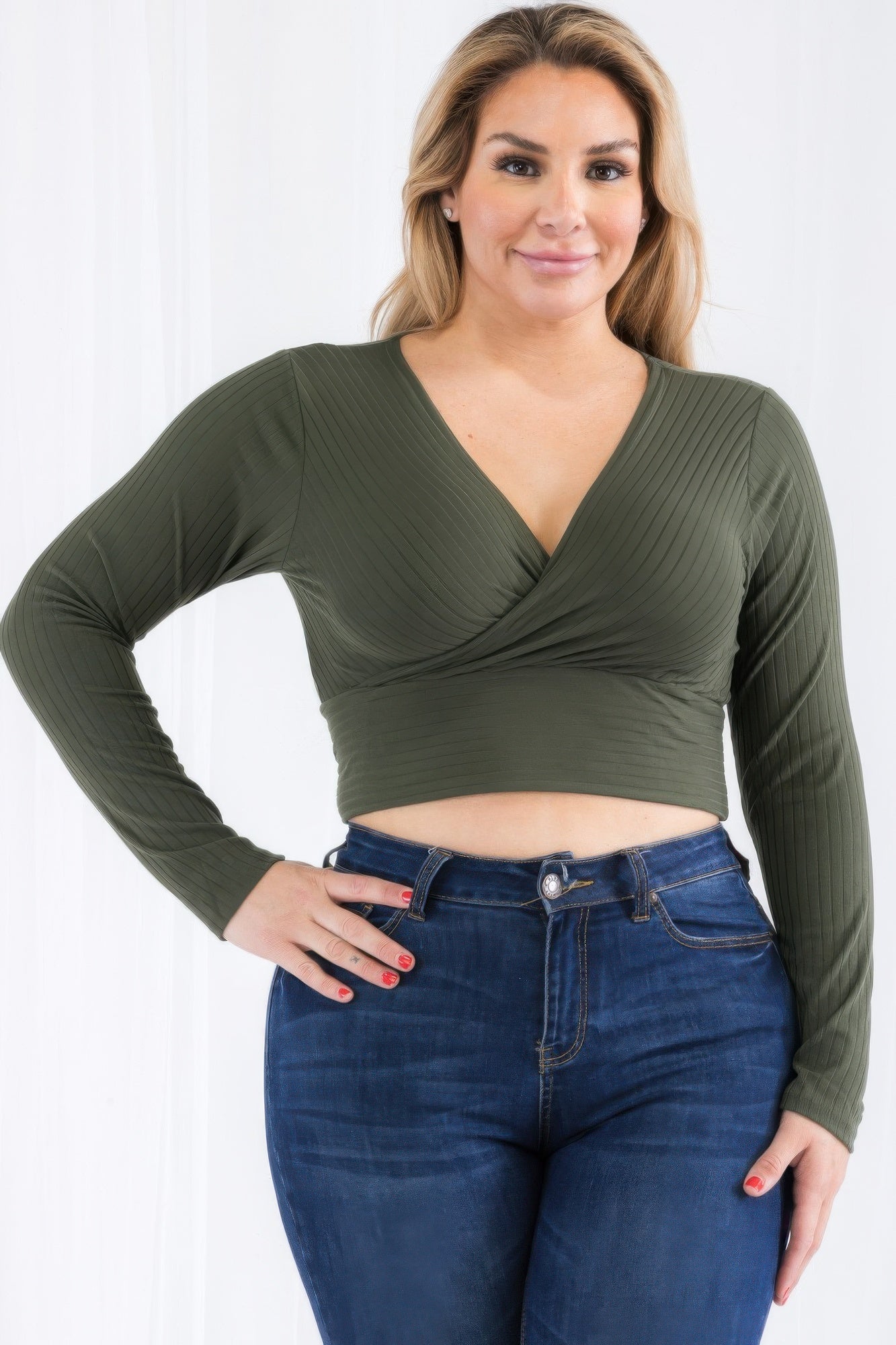 Plus Size Ribbed Wrap Front Long Sleeve Top | Mixtshop LLC
