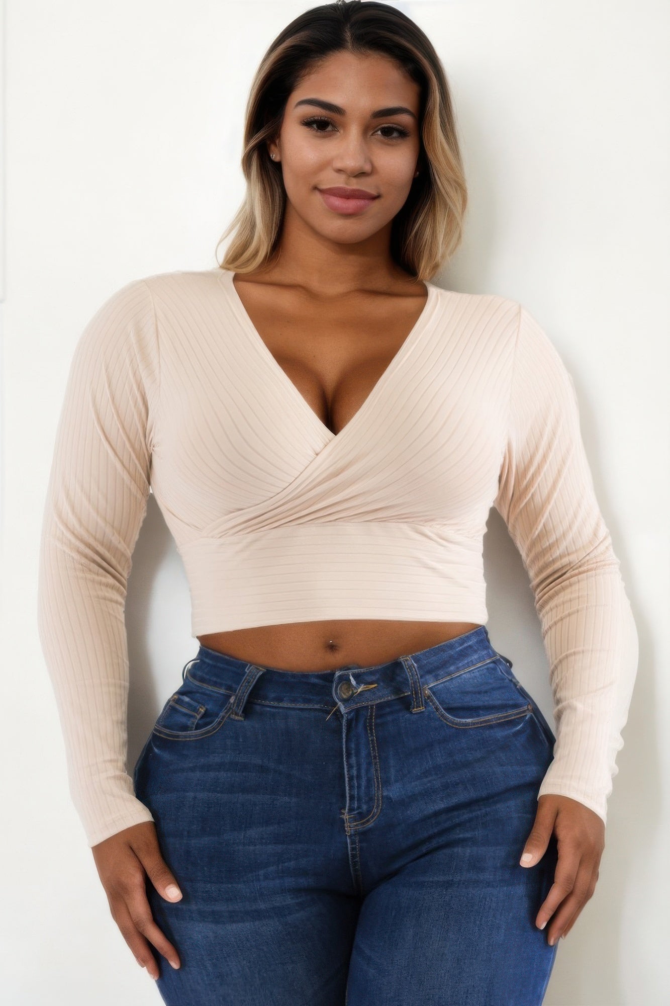 Plus Size Ribbed Wrap Front Long Sleeve Top | Mixtshop LLC