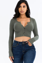 Ribbed Long Sleeve Snap Button Down Crop Top | Mixtshop LLC