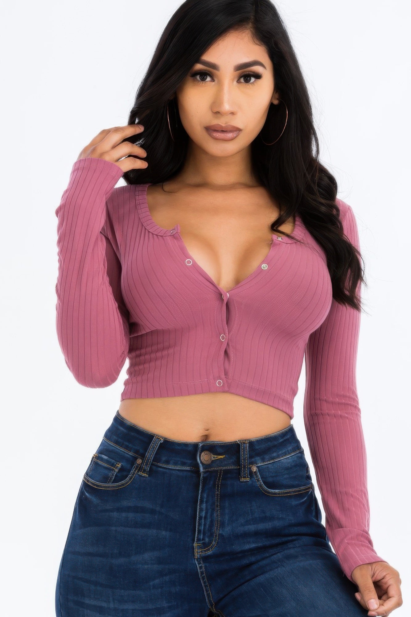 Ribbed Long Sleeve Snap Button Down Crop Top | Mixtshop LLC