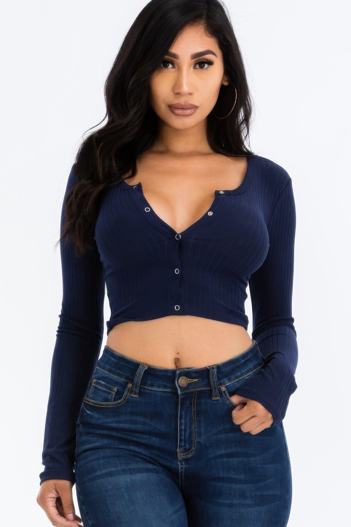 Ribbed Long Sleeve Snap Button Down Crop Top | Mixtshop LLC