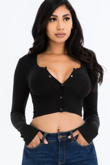 Ribbed Long Sleeve Snap Button Down Crop Top | Mixtshop LLC