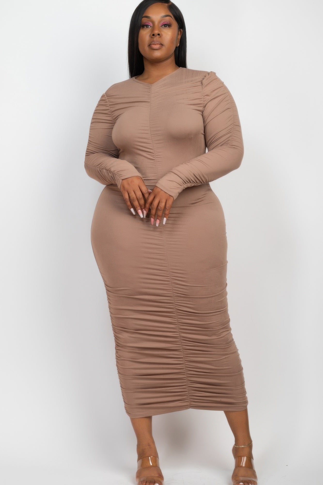 Plus Size Ruched Long Sleeve Midi Dress | Mixtshop LLC