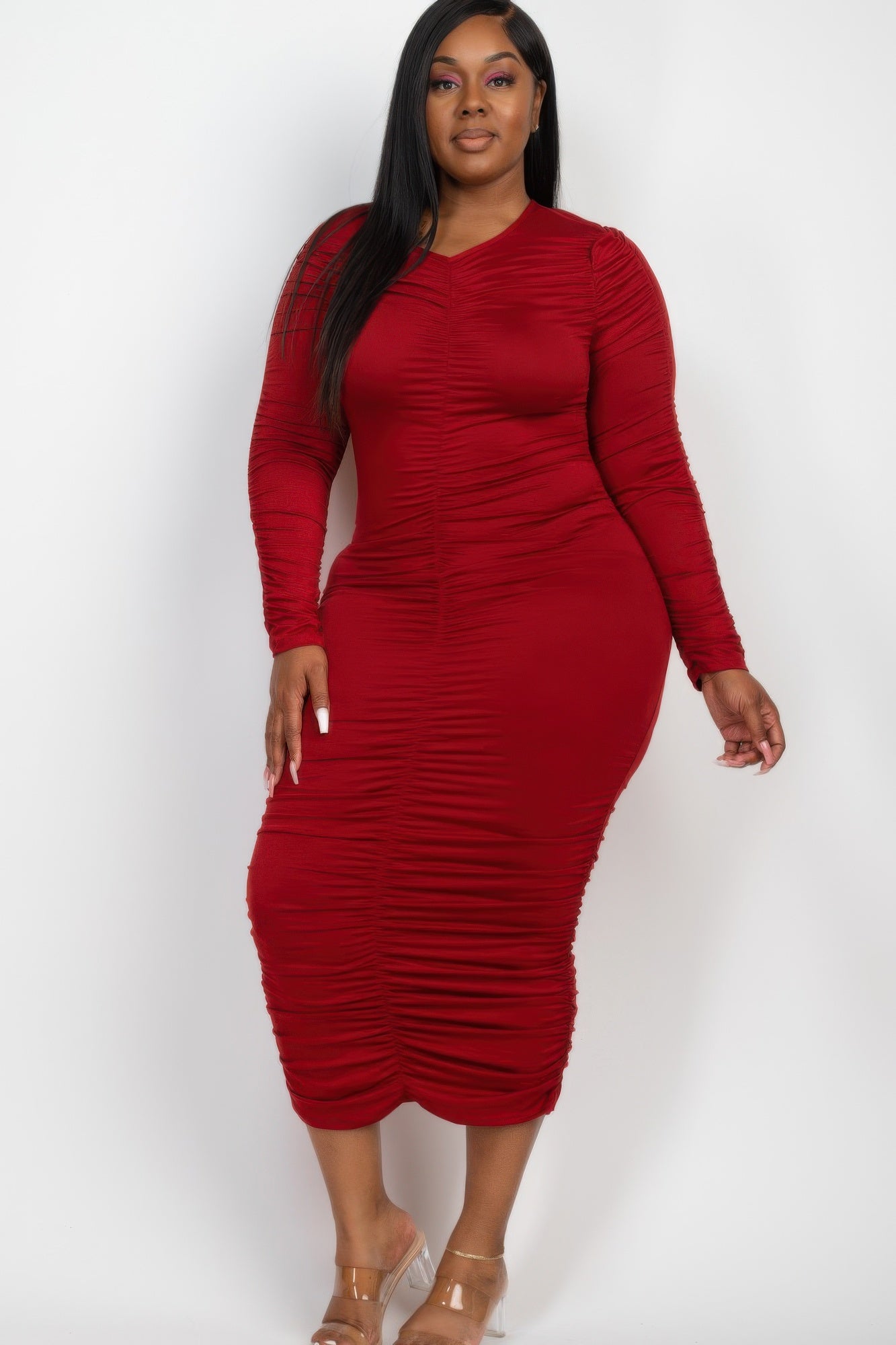 Plus Size Ruched Long Sleeve Midi Dress | Mixtshop LLC
