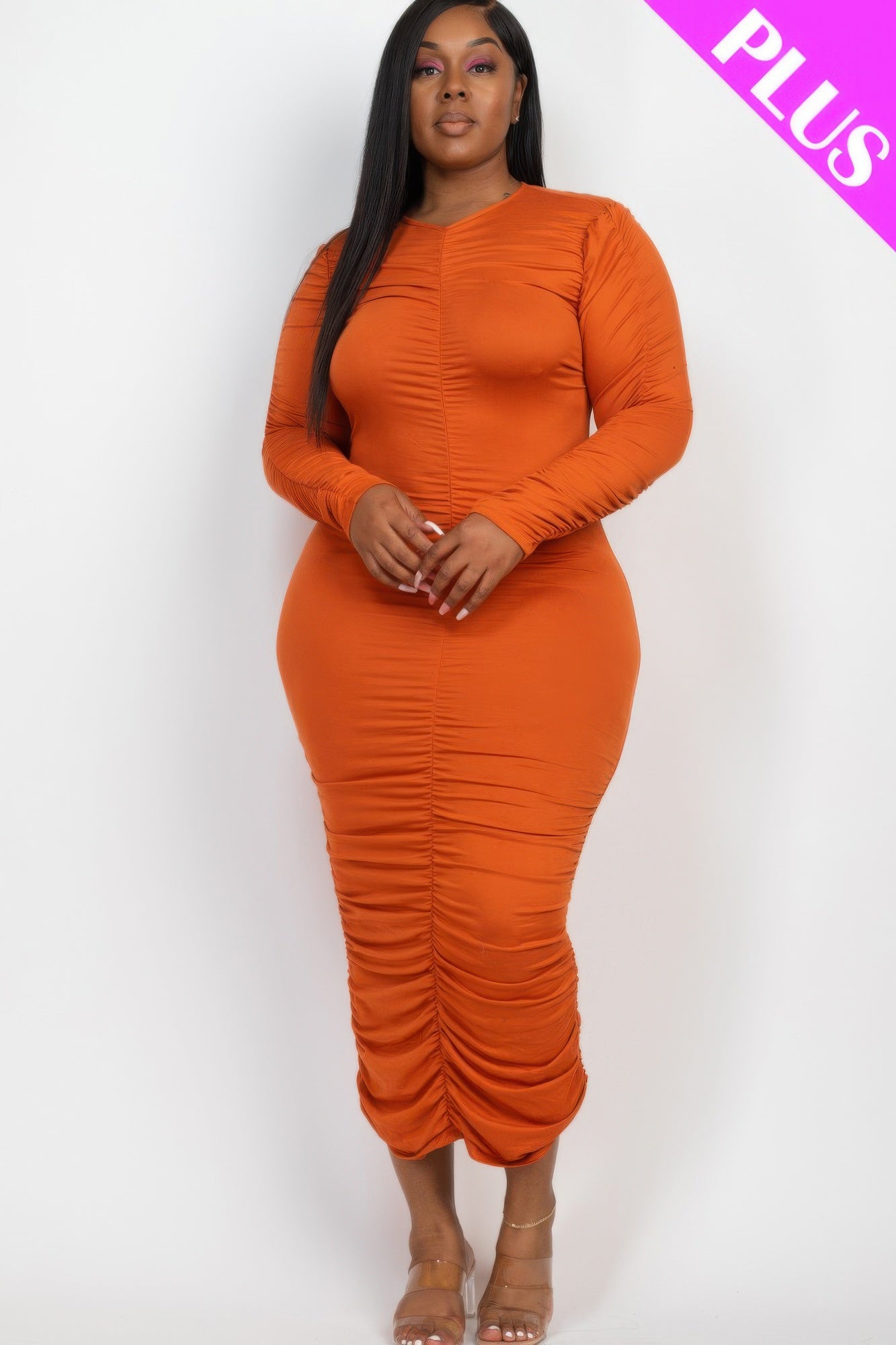 Plus Size Ruched Long Sleeve Midi Dress | Mixtshop LLC