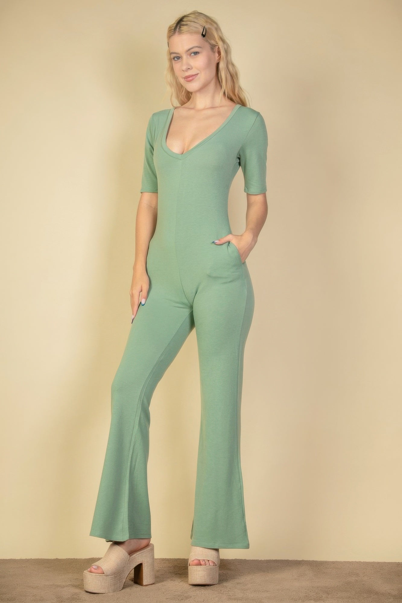 French Terry Short Sleeve Flare Jumpsuit | Mixtshop LLC