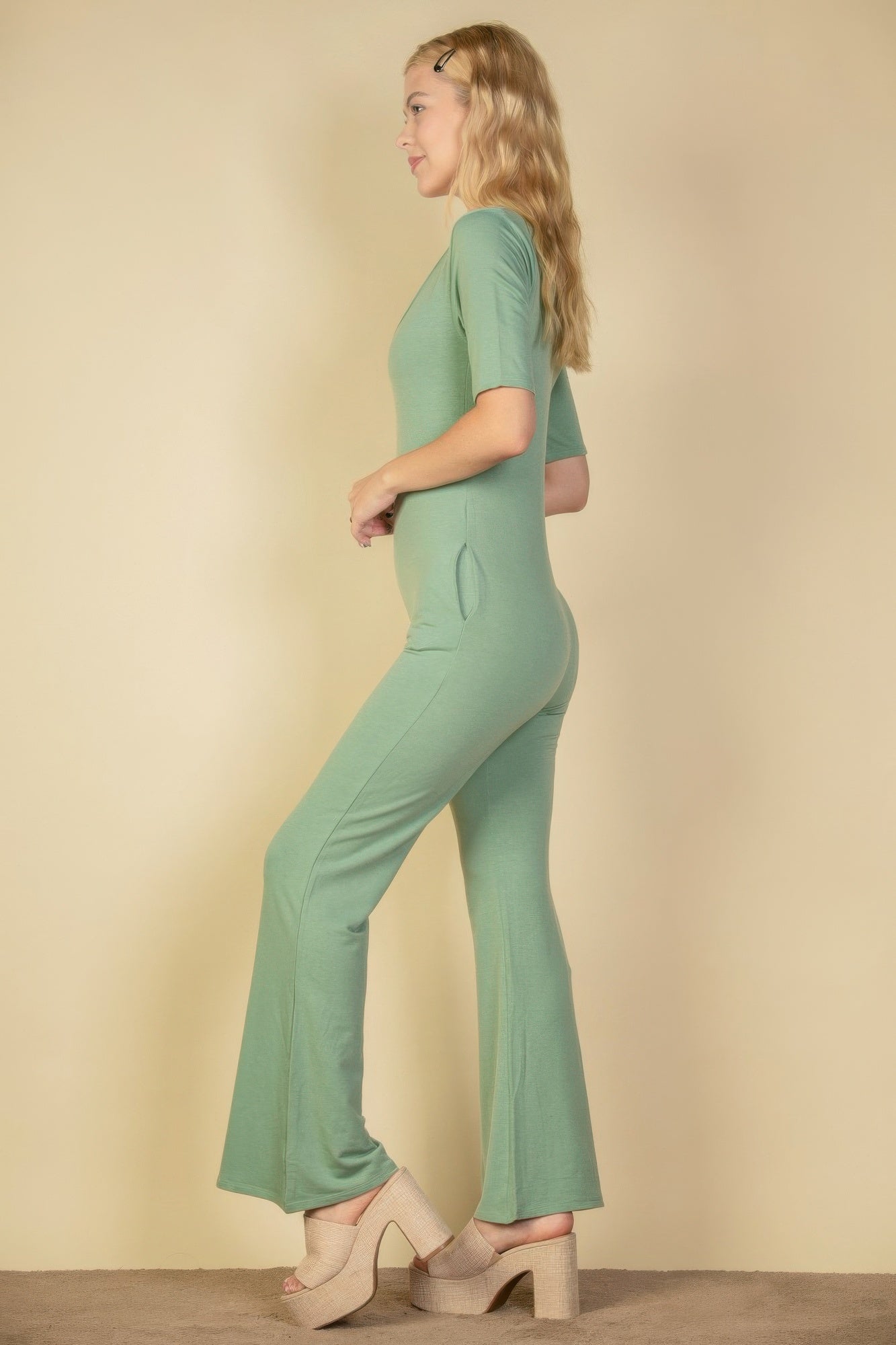 French Terry Short Sleeve Flare Jumpsuit | Mixtshop LLC