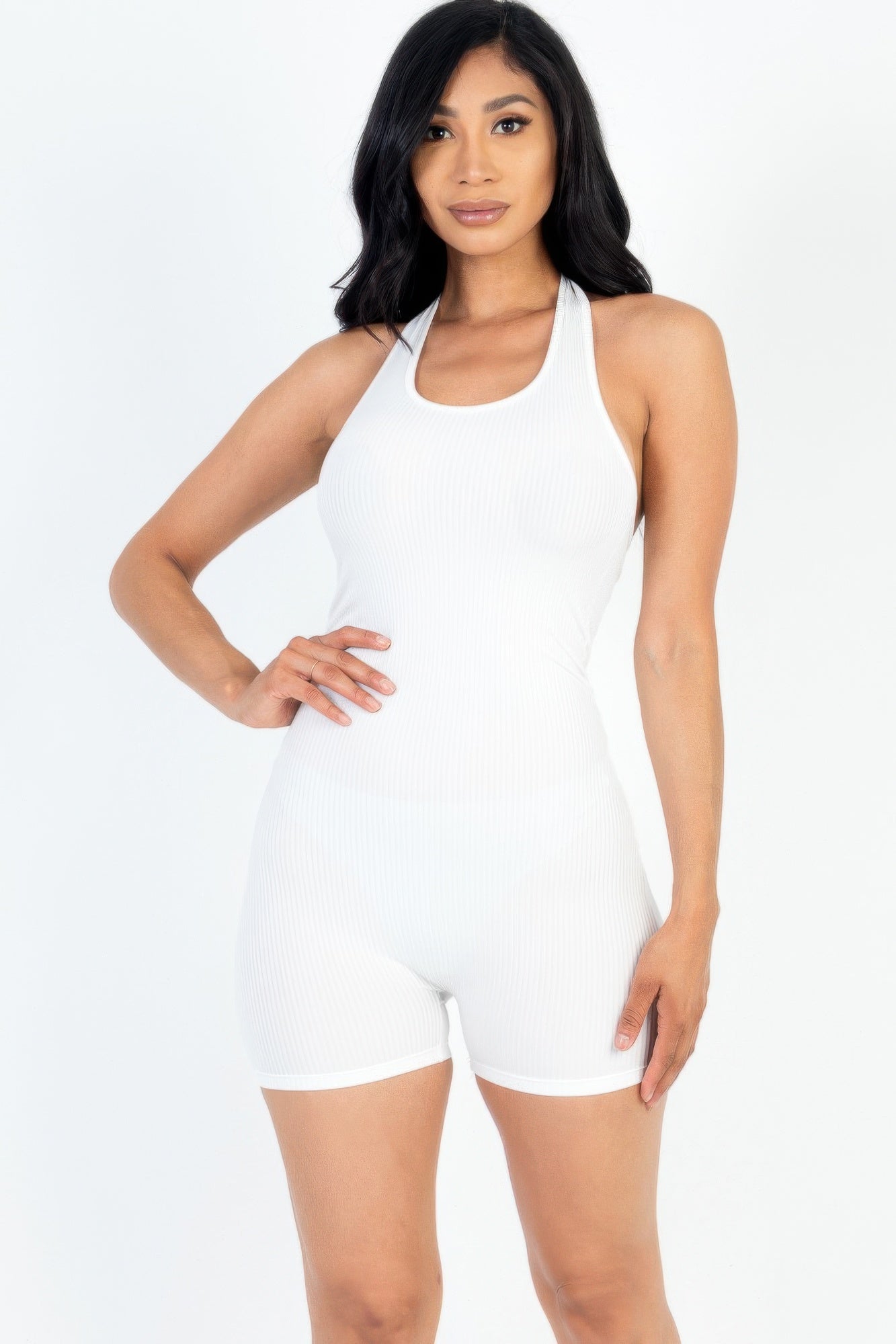 Ribbed Halter Neck Backless Romper | Mixtshop LLC