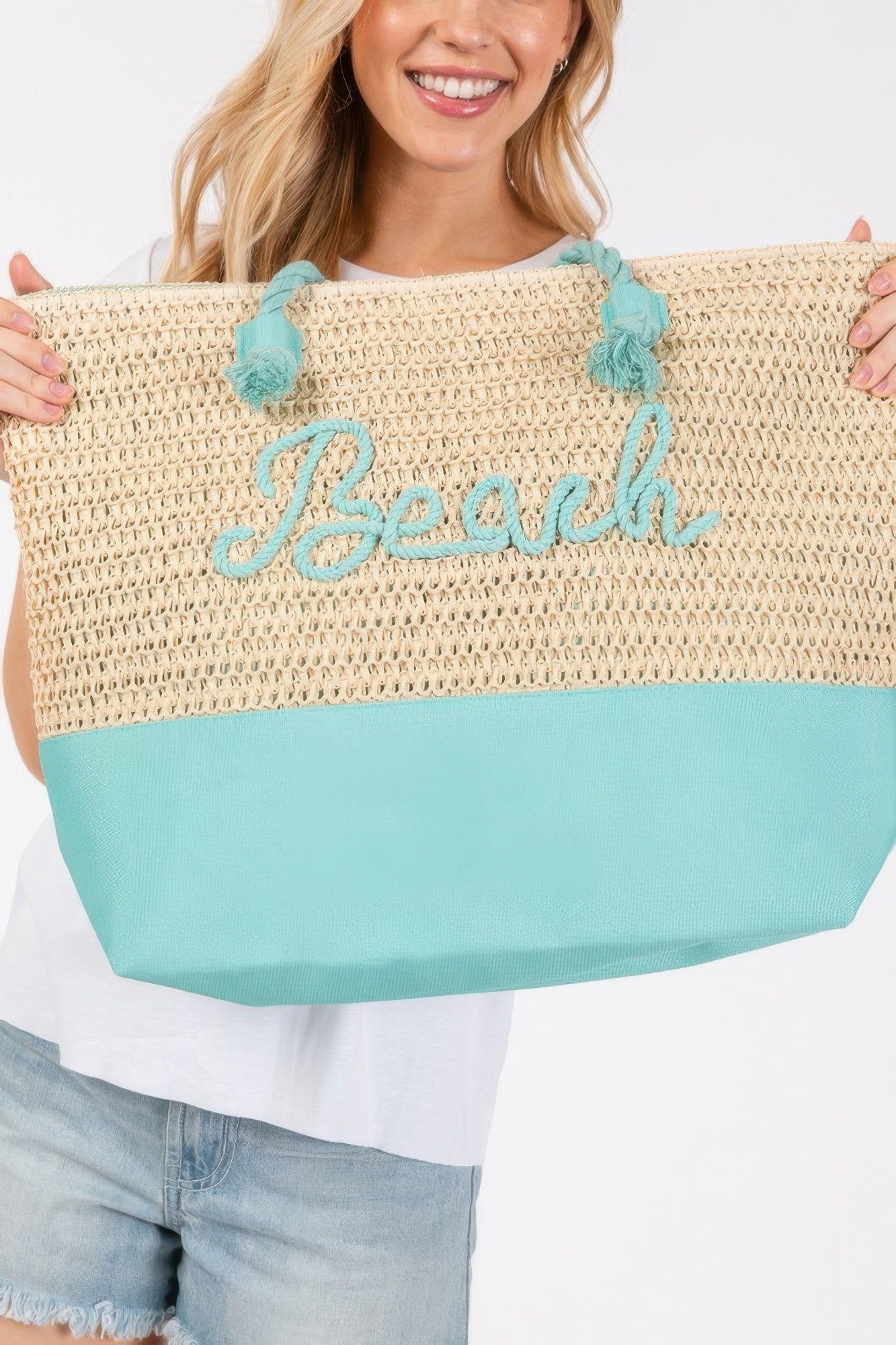Color Sewn Rope Beach Letter And Strap Crochet Fabric Tote | Mixtshop LLC
