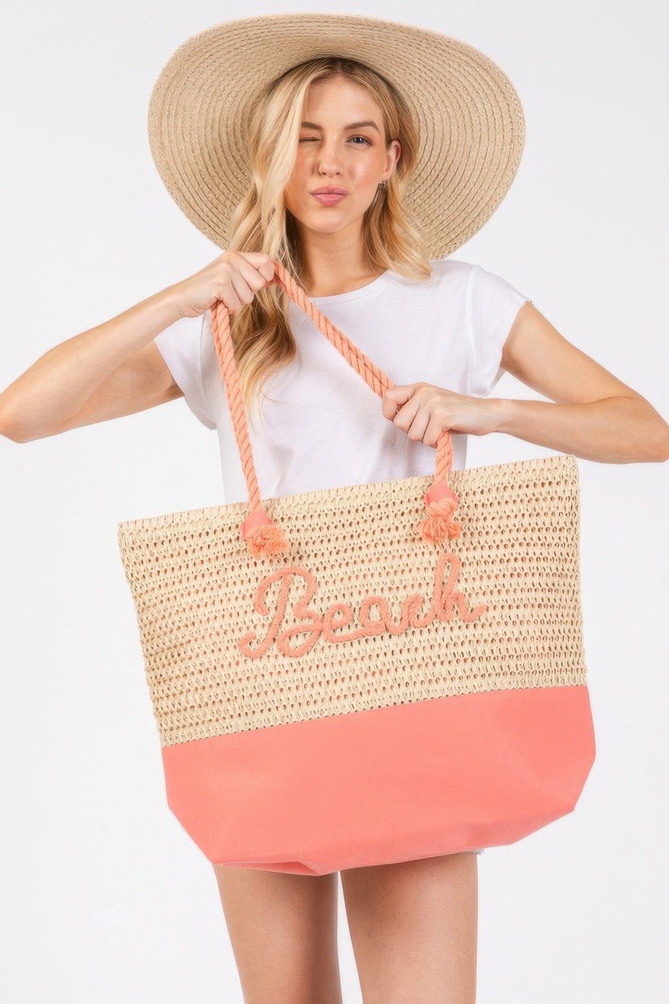 Color Sewn Rope Beach Letter And Strap Crochet Fabric Tote | Mixtshop LLC