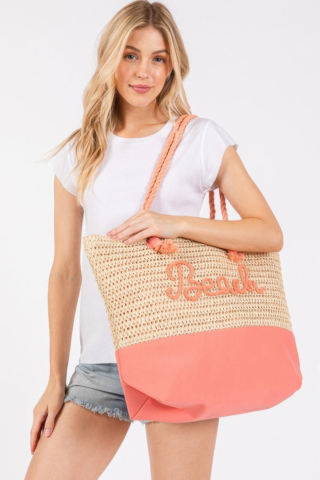 Color Sewn Rope Beach Letter And Strap Crochet Fabric Tote | Mixtshop LLC