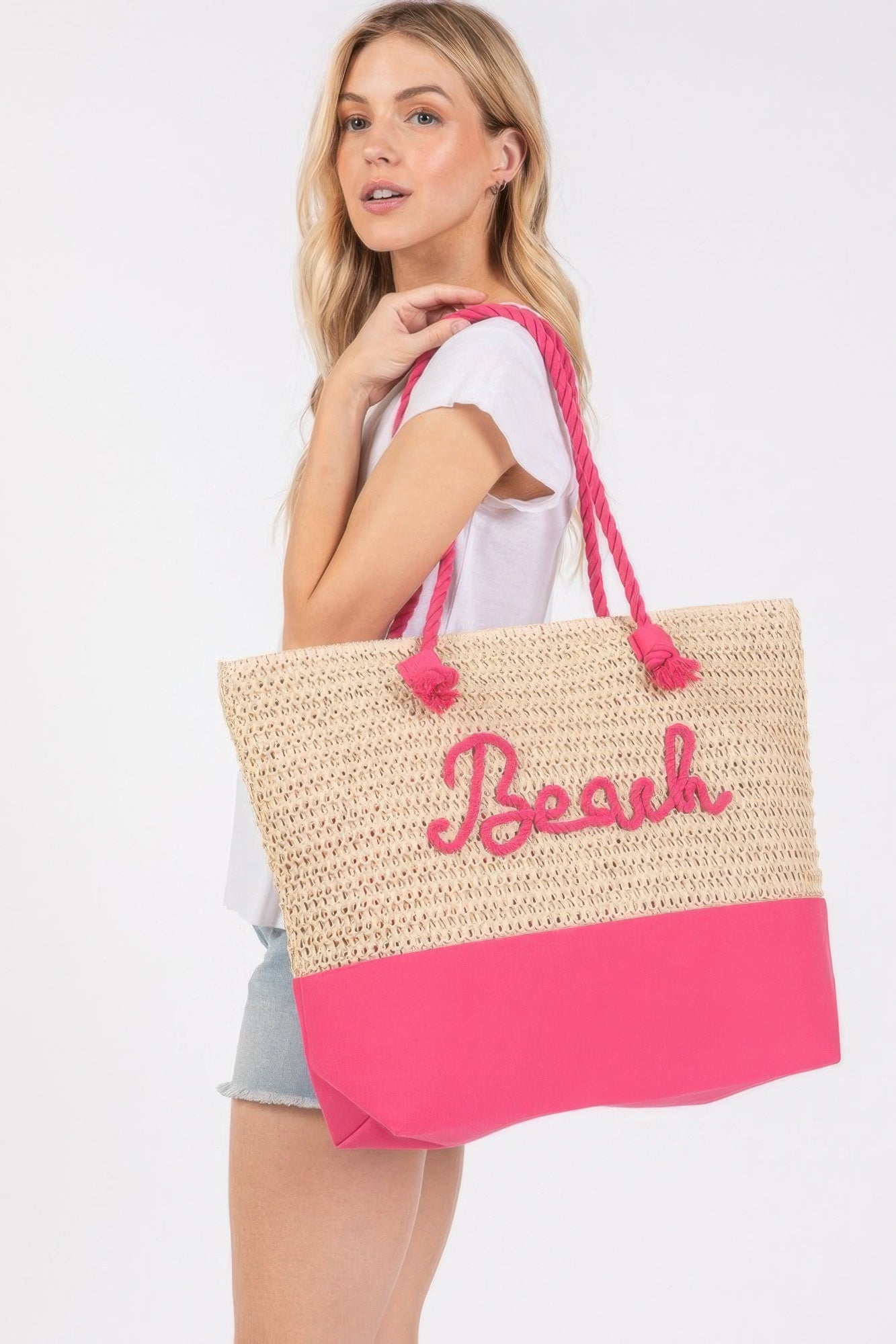 Color Sewn Rope Beach Letter And Strap Crochet Fabric Tote | Mixtshop LLC