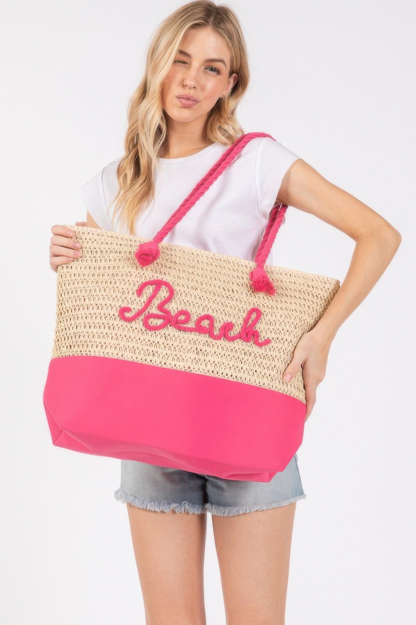Color Sewn Rope Beach Letter And Strap Crochet Fabric Tote | Mixtshop LLC