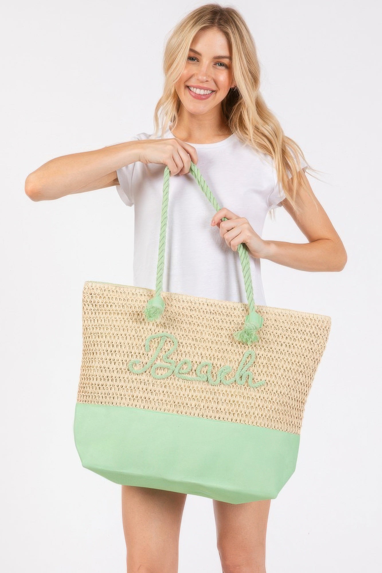 Color Sewn Rope Beach Letter And Strap Crochet Fabric Tote | Mixtshop LLC