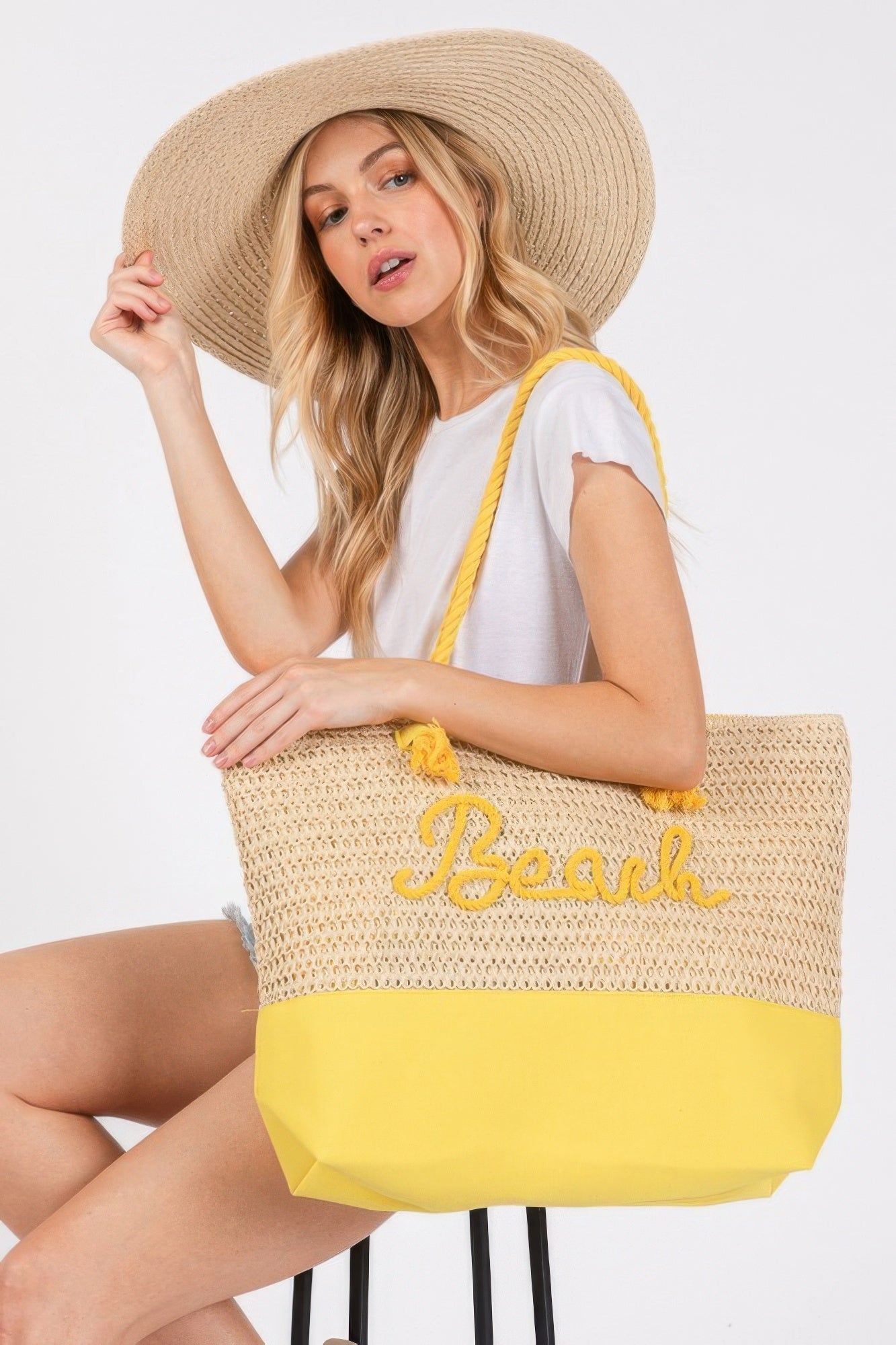Color Sewn Rope Beach Letter And Strap Crochet Fabric Tote | Mixtshop LLC