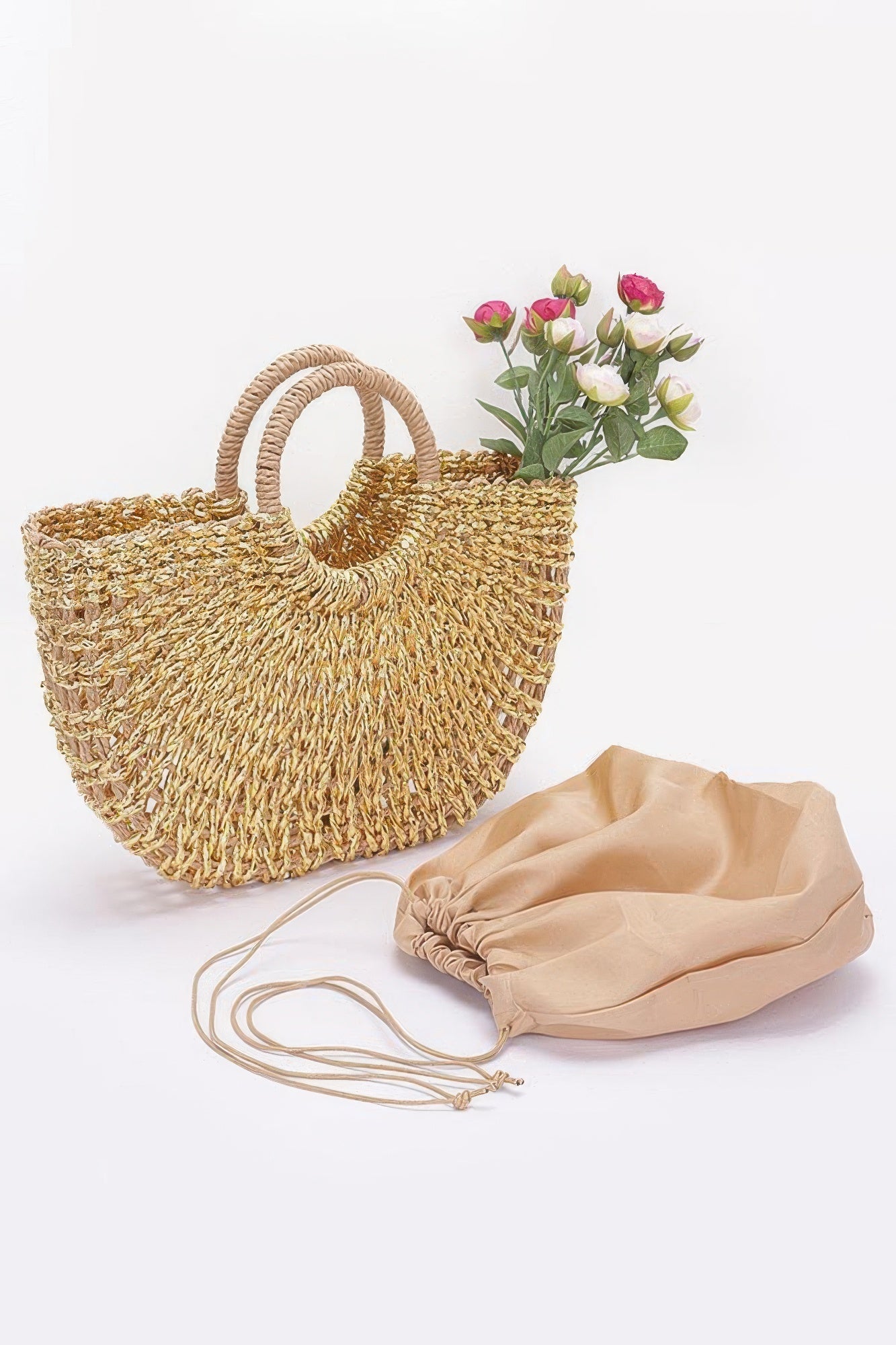 Metallic Faux Straw Tote Bag W Pouch | Mixtshop LLC