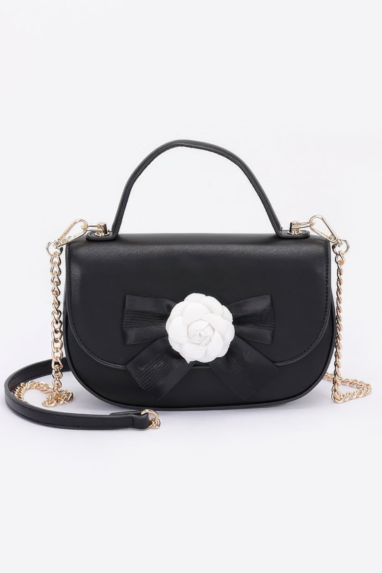 Faux Leather Flower Ribbon Top Handle Flap Bag | Mixtshop LLC