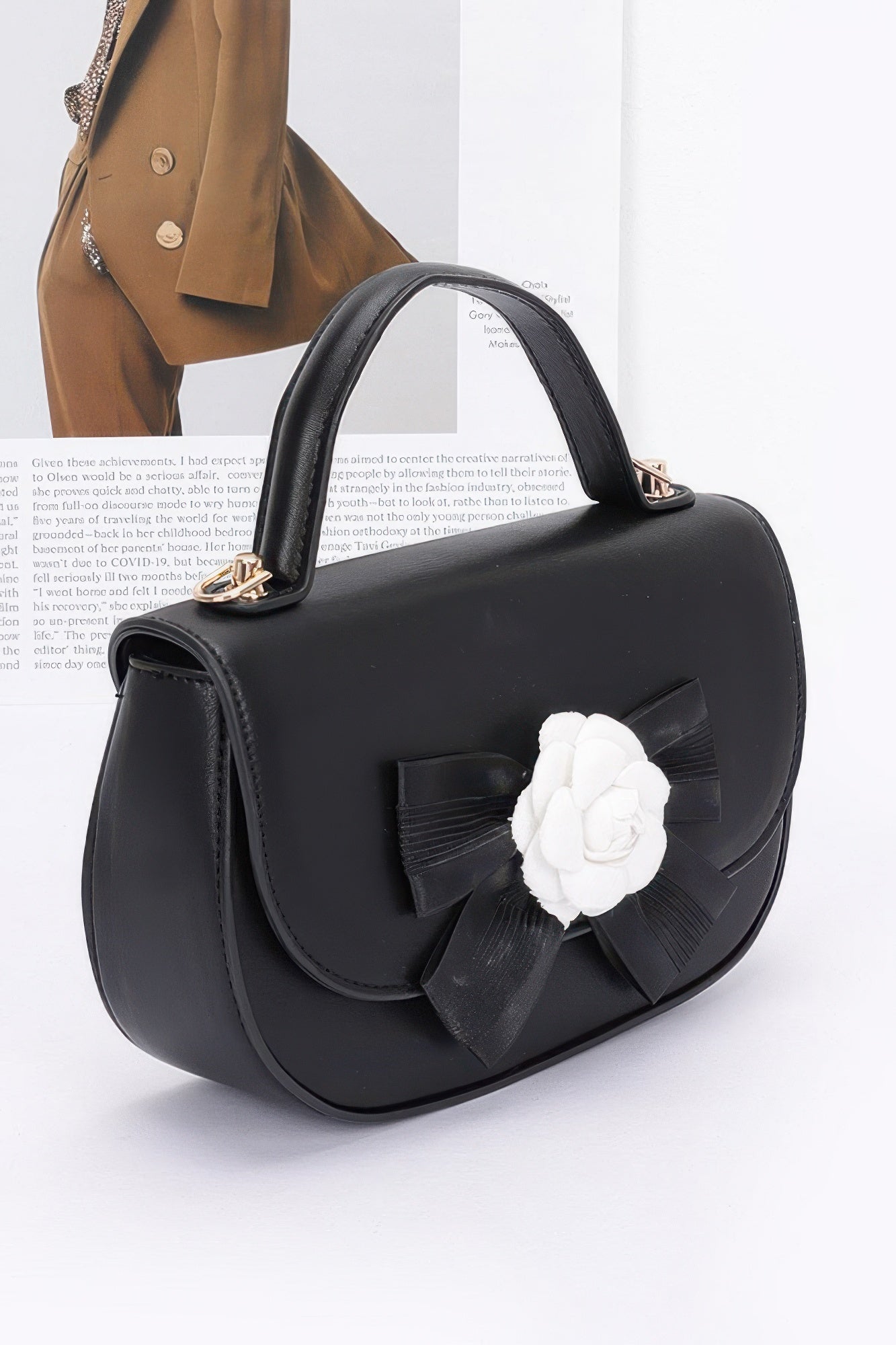Faux Leather Flower Ribbon Top Handle Flap Bag | Mixtshop LLC