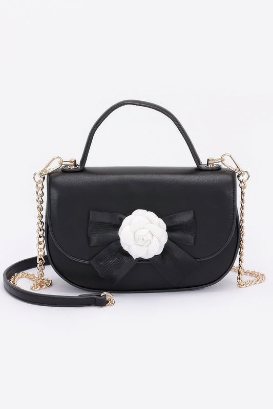 Faux Leather Flower Ribbon Top Handle Flap Bag | Mixtshop LLC