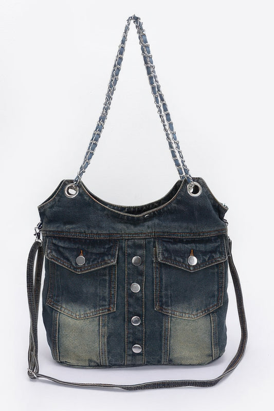 Washed Denim Double Pockets Tote Bag | Mixtshop LLC