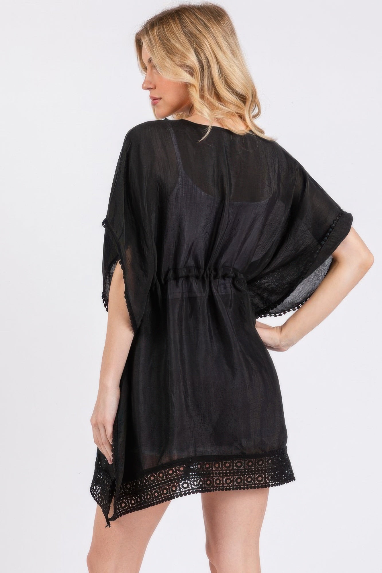 Crochet Trim And Front Drawstring Poncho | Mixtshop LLC