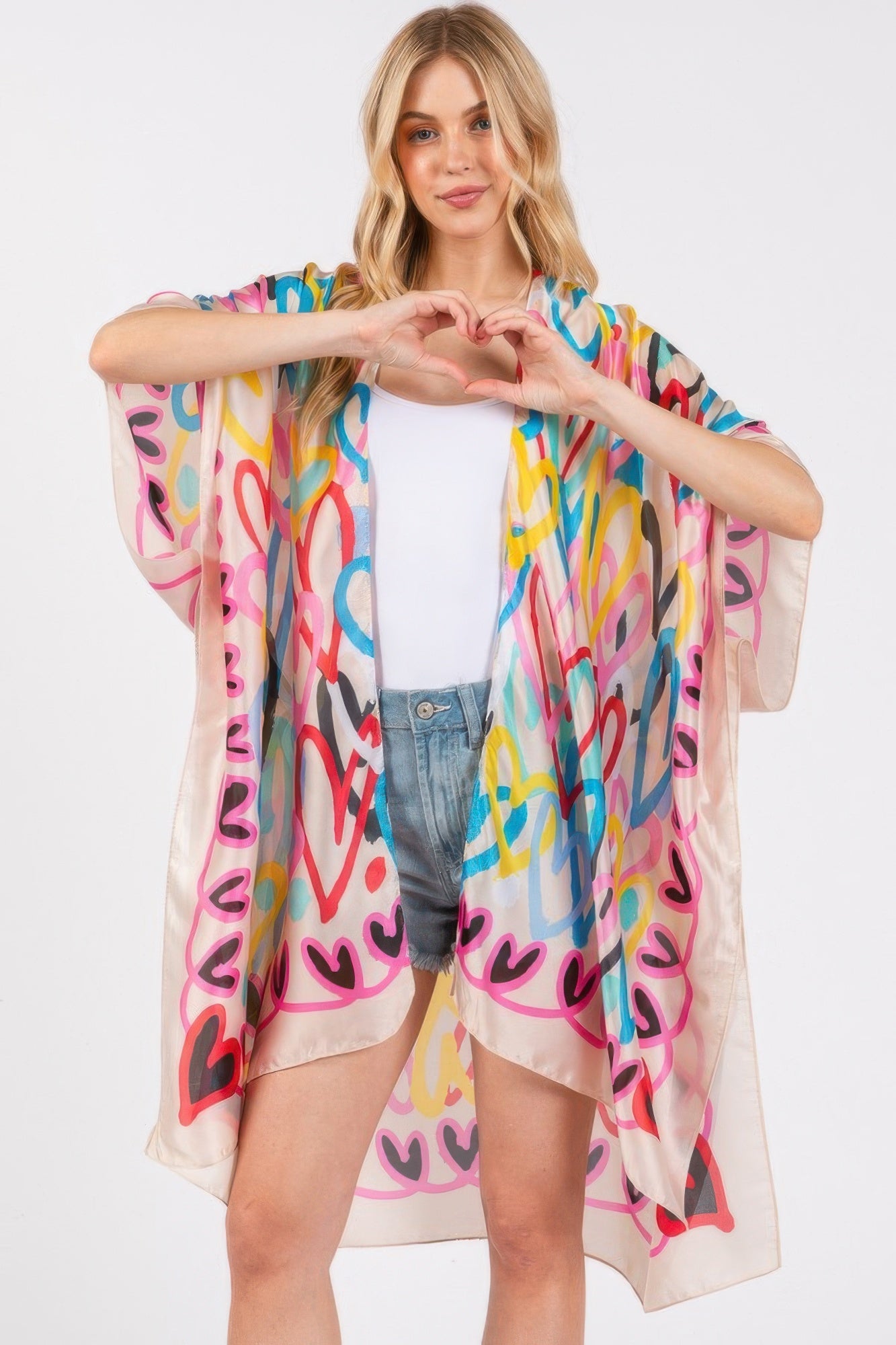Multi Colored Heart Print Silky Feel Kimono | Mixtshop LLC