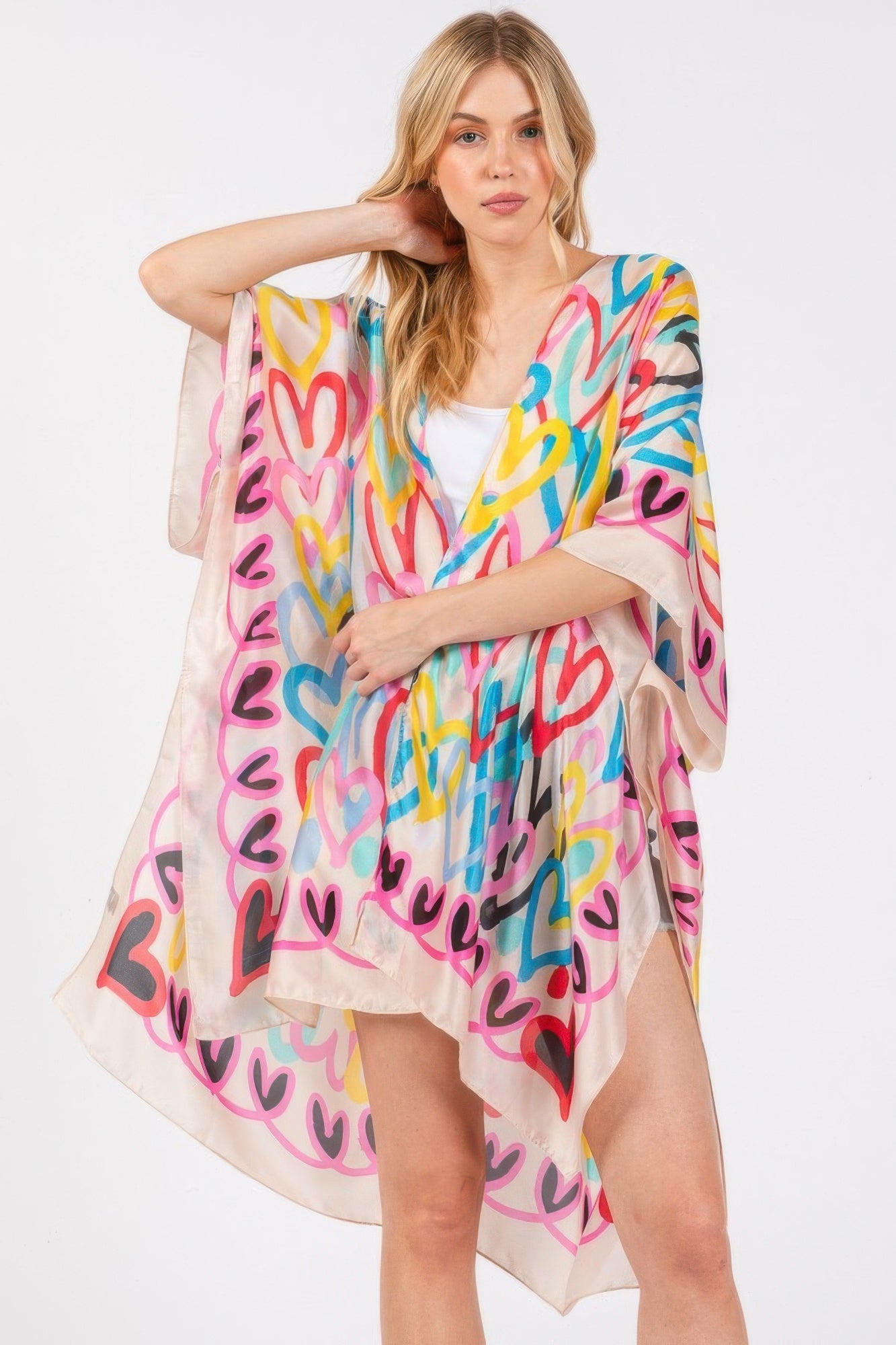 Multi Colored Heart Print Silky Feel Kimono | Mixtshop LLC