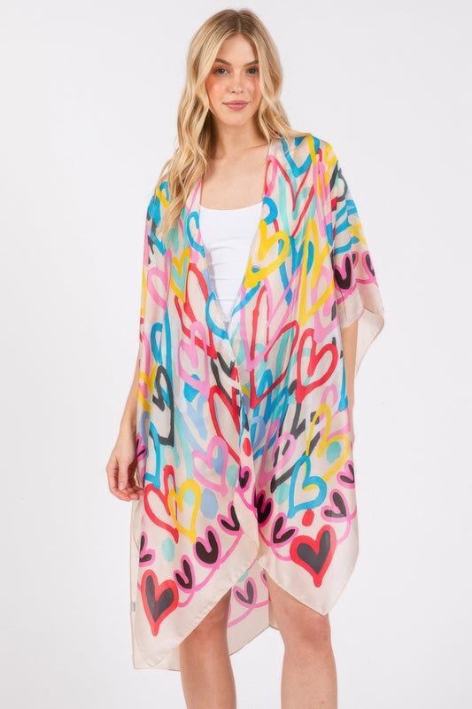 Multi Colored Heart Print Silky Feel Kimono | Mixtshop LLC